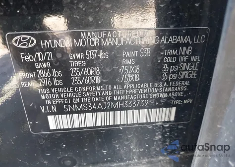 2021 Hyundai Santa Fe Sel z USA, uszkodzony, nr VIN 5NMS34AJ2MH333739